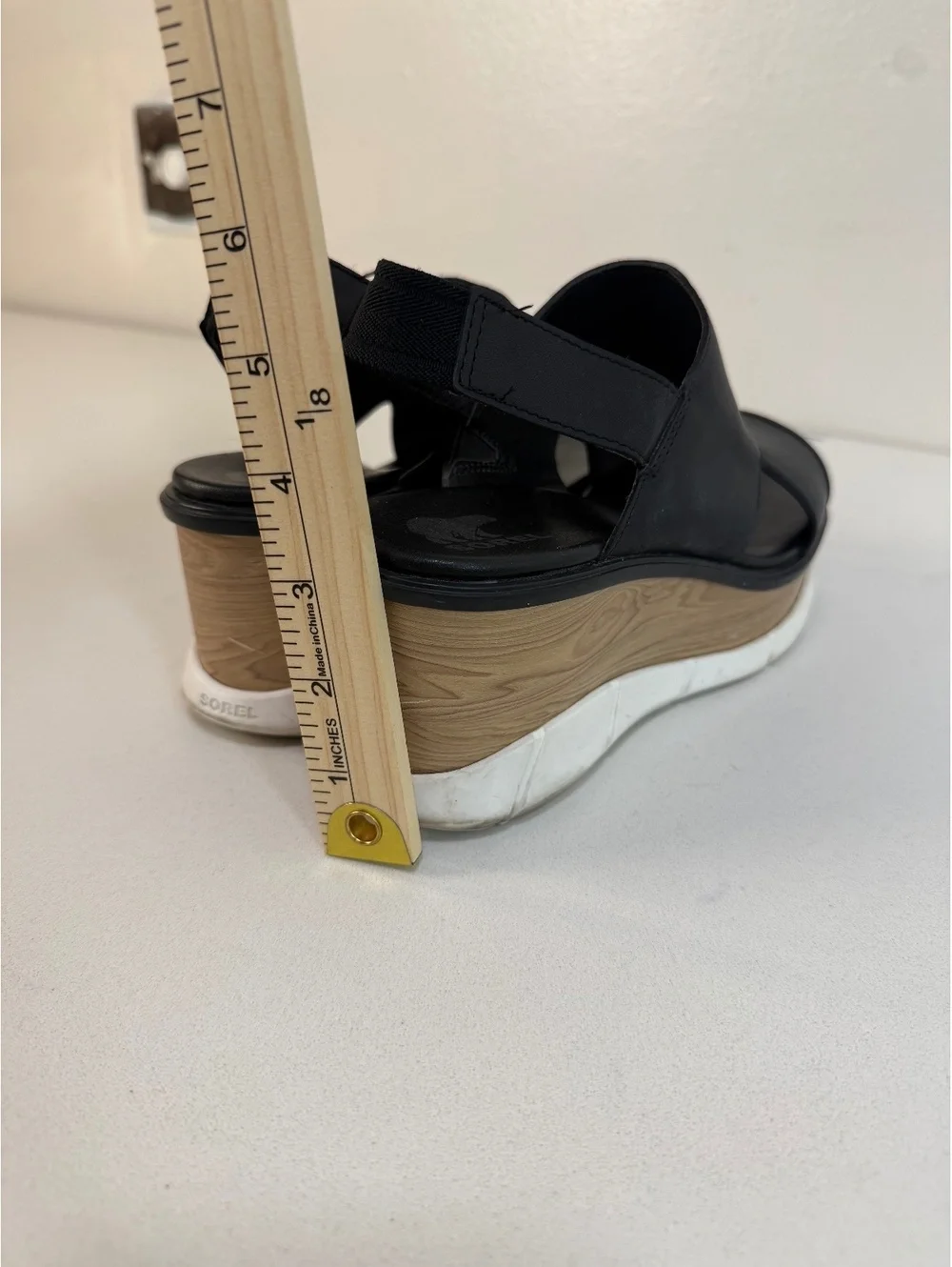 Sorel Women's Black Wedge Sandals with Wood-Effect Platform 9/9.5